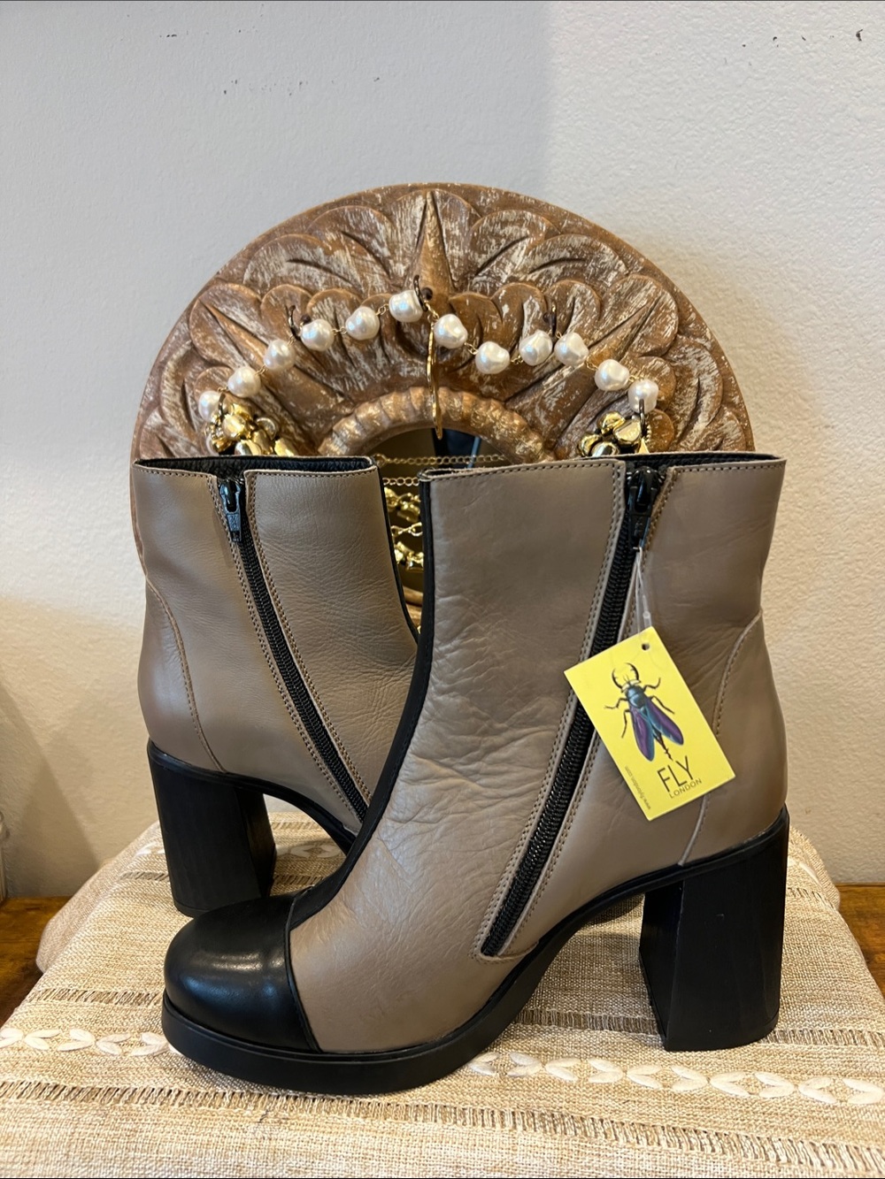 Fly London Two-Tone Leather Ankle Boots – Taupe/Black – EU 40 (US 9–9.5)